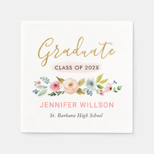 Serviette En Papier Étudiant Or Script Aquarelle Florale Graduation