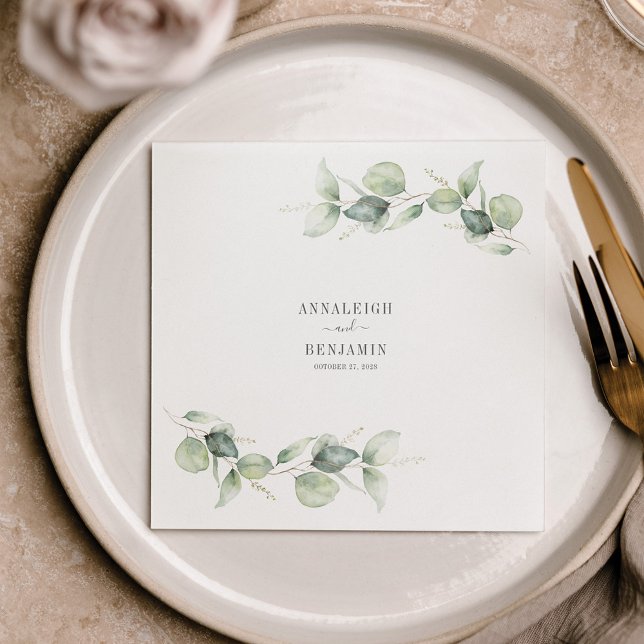Serviette En Papier Eucalyptus Feuille Vert Mariage Cocktail Papier (Watercolor Eucalyptus Foliage Wedding Reception Paper Napkins)