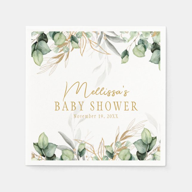 Serviette En Papier Eucalyptus Green Leaf vert & Baby shower or (Devant)