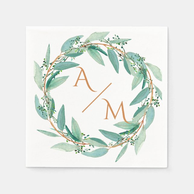 Serviette En Papier Eucalyptus Moderne Calligraphie Monogramme Mariage (Devant)