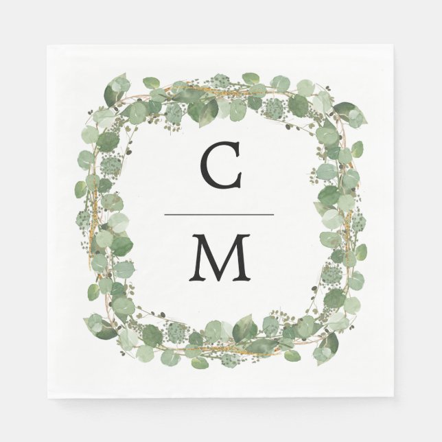 Serviette En Papier Eucalyptus Moderne Calligraphie Monogramme Mariage (Devant)