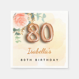 Serviette En Papier eucalyptus rose or fleuri nom 80e anniversaire