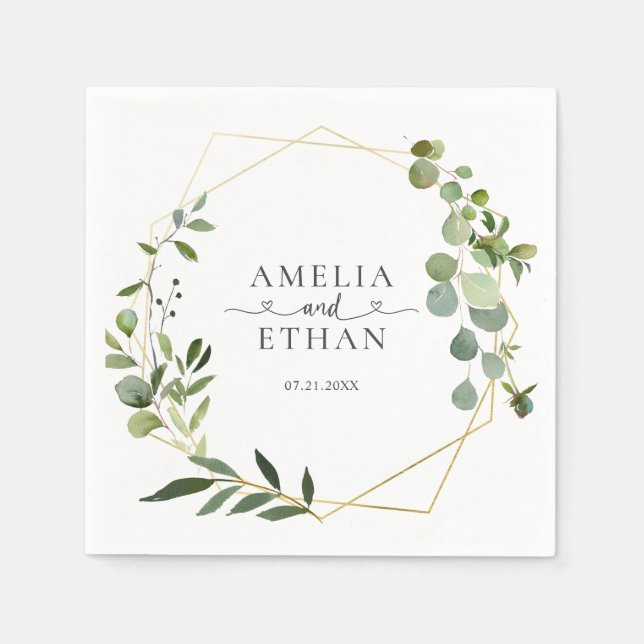 Serviette En Papier Eucalyptus Script Heart Wedding (Devant)