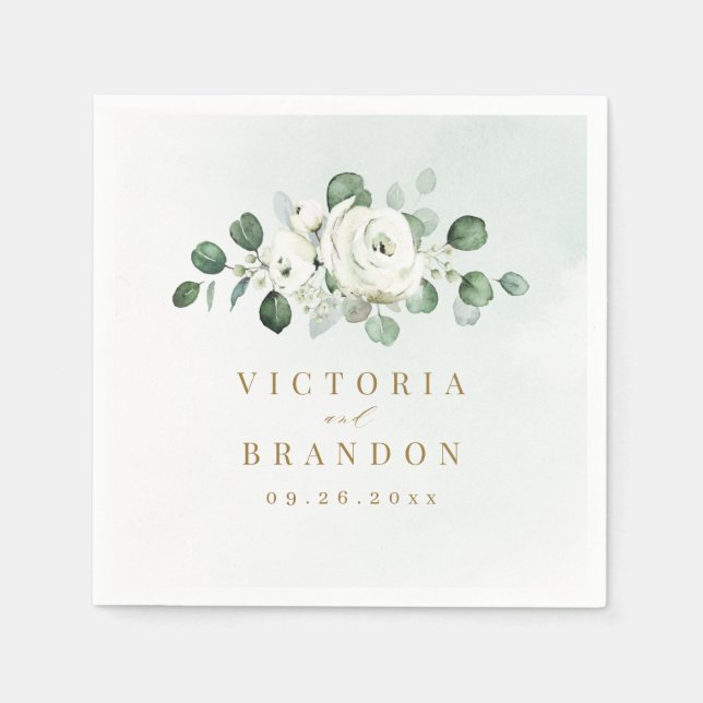 Serviette En Papier Eucalyptus Verdure blanc floral rustique mariage (Devant)