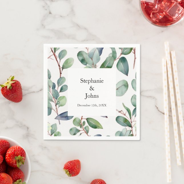 Serviette En Papier Eucalyptus Verdure Dusty Bleu Art Élégant Mariage (En situation)