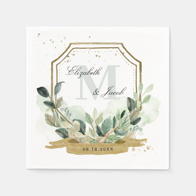Serviette En Papier Eucalyptus Verdure Élégant Mariage Gold Crest (Devant)
