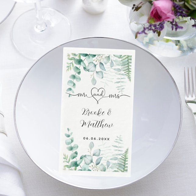 Serviette En Papier Eucalyptus vert fougères de bois noms mariage (Créateur téléchargé)
