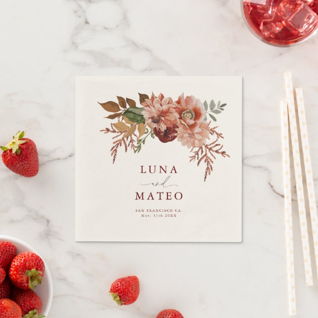 Serviette En Papier Fall Terracotta and Burgundy Floral Mariage Invita (En situation)