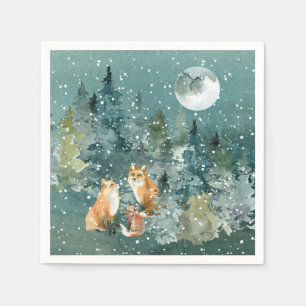 Serviette En Papier Famille Fox en forêt Pleine lune neige vacances