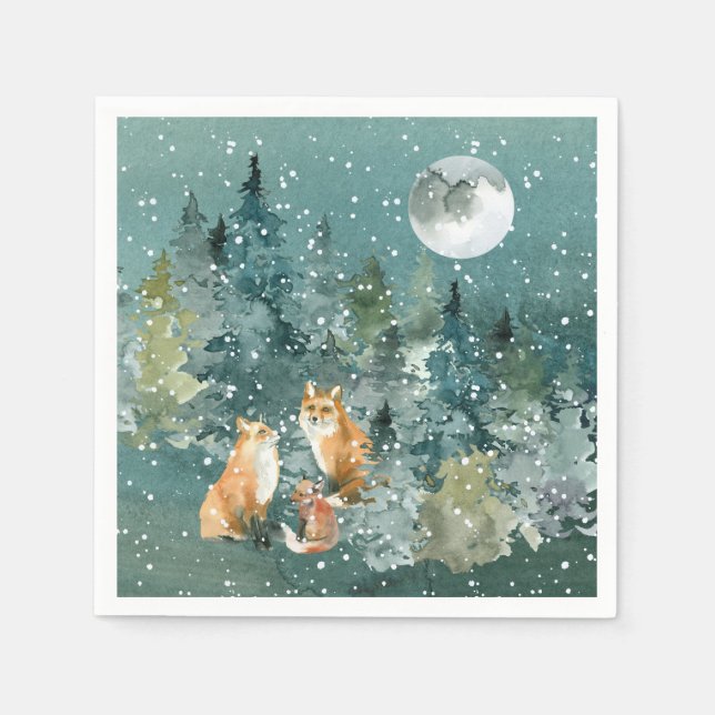 Serviette En Papier Famille Fox en forêt Pleine lune neige vacances (Devant)