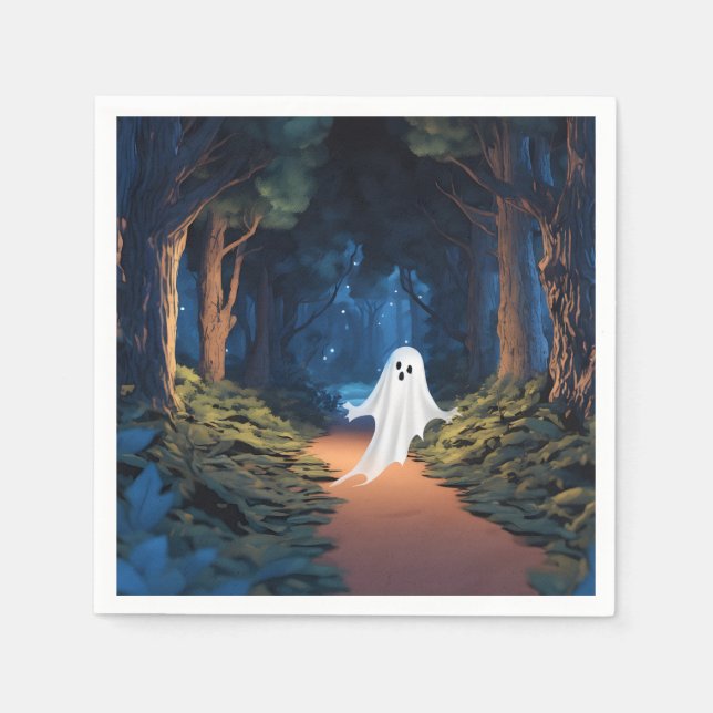 Serviette En Papier Fantôme Blanc D'Halloween En Forêt (Devant)