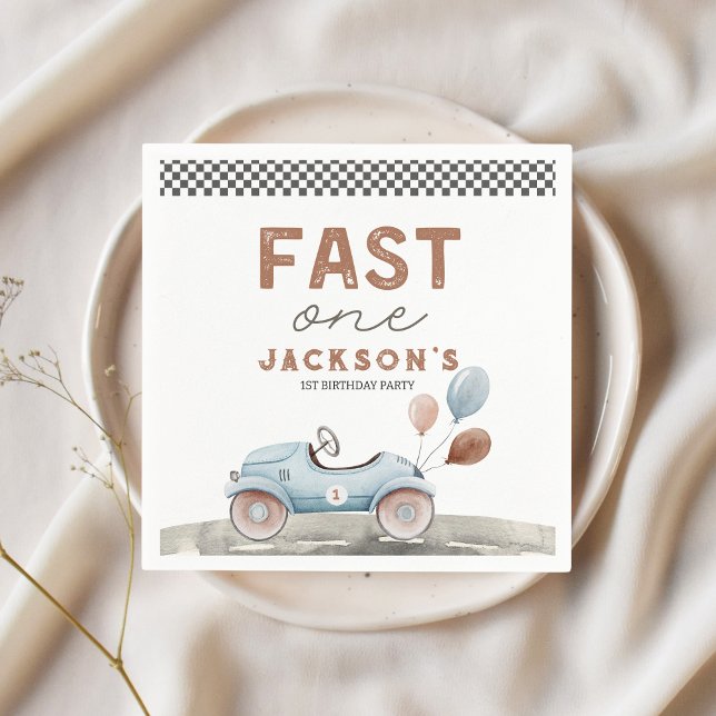 Serviette En Papier Fast One Racing Car Blue Boy 1er anniversaire (fast one custom 1st birthday napkins race car)