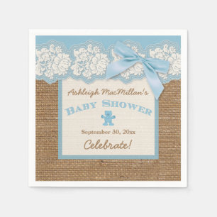 Serviette En Papier FAUX Burlap en dentelle d'ivoire, Baby shower bleu