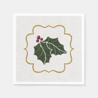 Serviette En Papier Faux Felt and Gold Glitter Holly Leaves Berries
