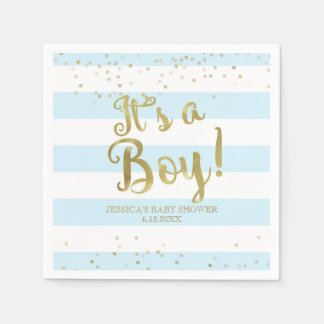 Serviette En Papier Faux Gold Foil, Blue Stripes Baby shower C'est un 