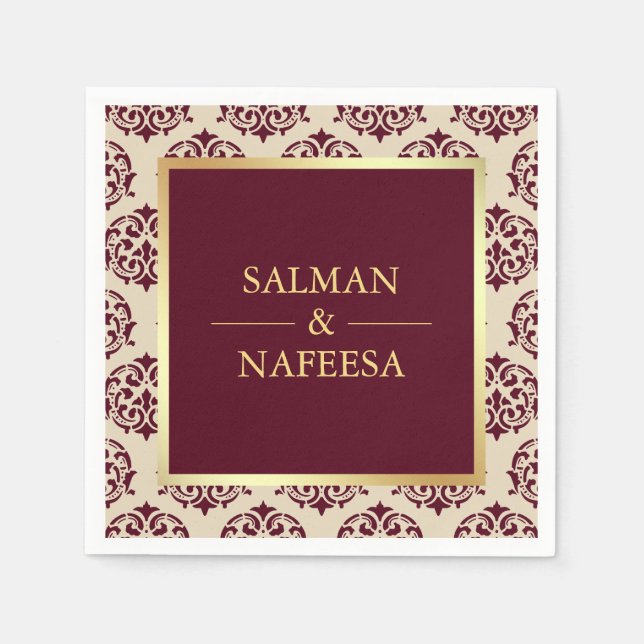Serviette En Papier Faux Gold Foil Bourgogne Mariage damassé (Devant)