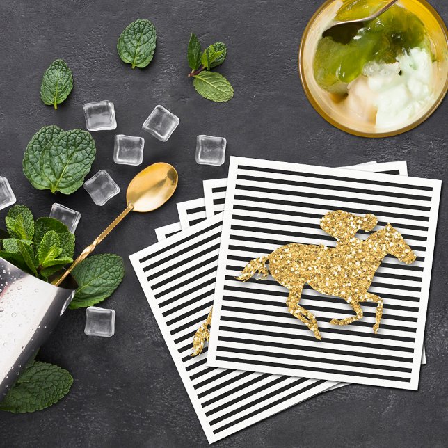 Serviette En Papier Faux Gold Parties scintillant Course Cheval Black  (Gold racehorse and jockey on black and white stripes Derby  party cocktail napkins)