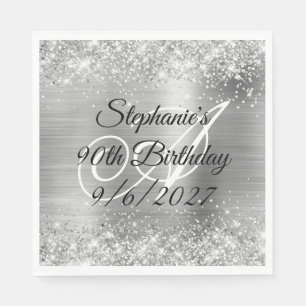 Serviette En Papier Faux Pailleté Argent et Feuille 90e Anniversaire