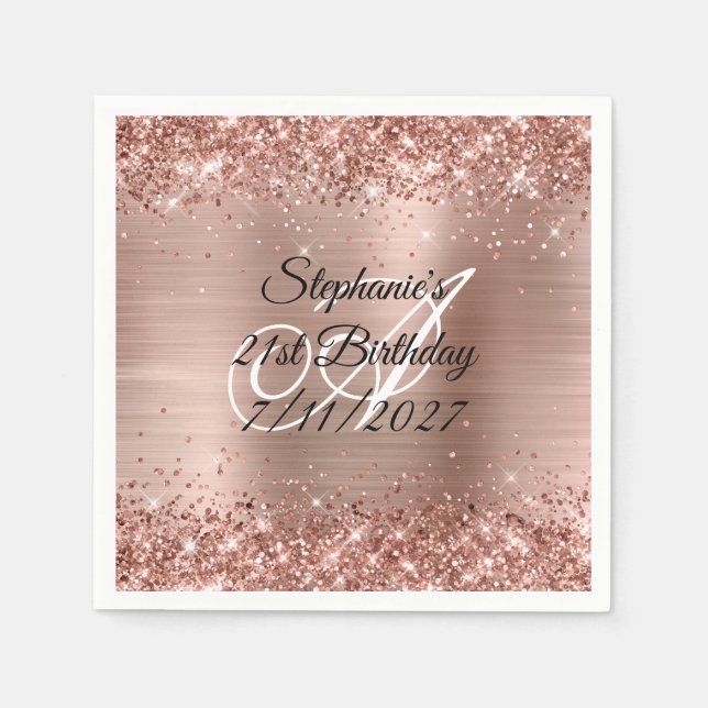 Serviette En Papier Faux Rose Gold Parties scintillant et Foil 21e ann (Devant)
