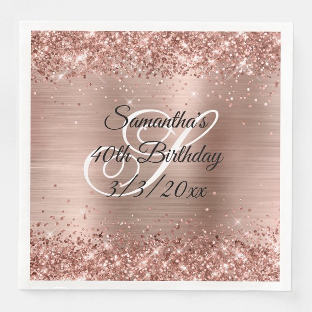 Serviette En Papier Faux Rose Gold Parties scintillant et Foil 40e ann (Devant)