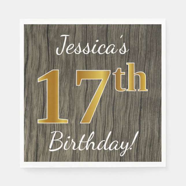 Serviette En Papier Faux Wood, Faux Gold 17e anniversaire + Nom person (Devant)