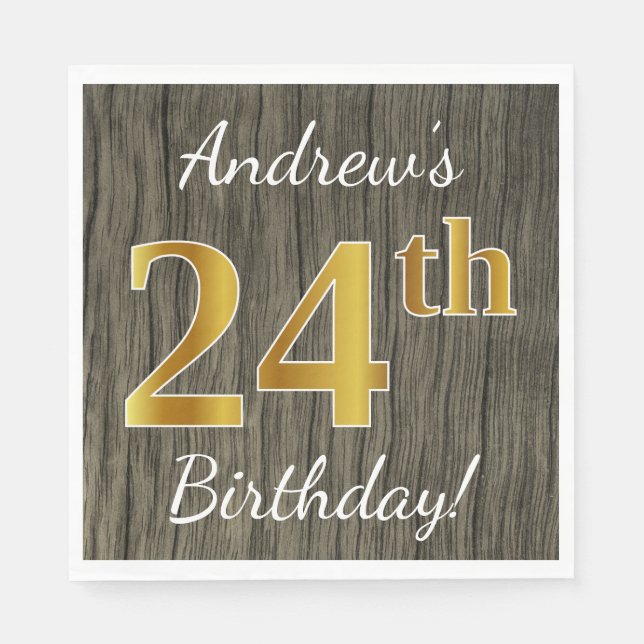 Serviette En Papier Faux Wood, Faux Gold 24e anniversaire + Nom person (Devant)