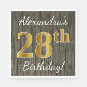 Serviette En Papier Faux Wood, Faux Gold 28e anniversaire + Nom person