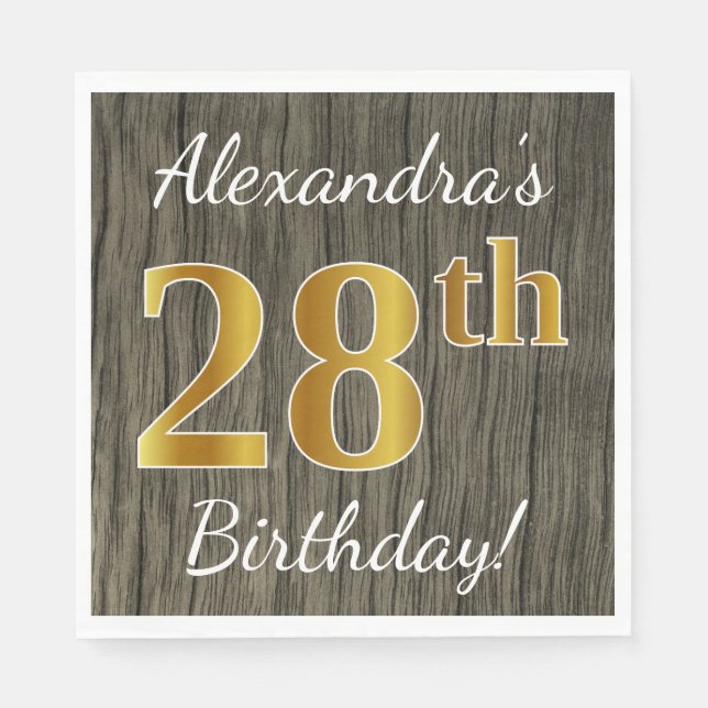 Serviette En Papier Faux Wood, Faux Gold 28e anniversaire + Nom person (Devant)