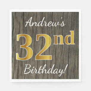 Serviette En Papier Faux Wood, Faux Gold 32e anniversaire + Nom person