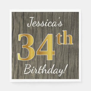Serviette En Papier Faux Wood, Faux Gold 34e anniversaire + Nom person