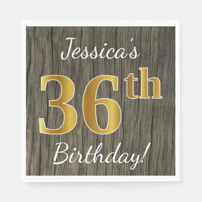 Serviette En Papier Faux Wood, Faux Gold 36e anniversaire + Nom person (Devant)