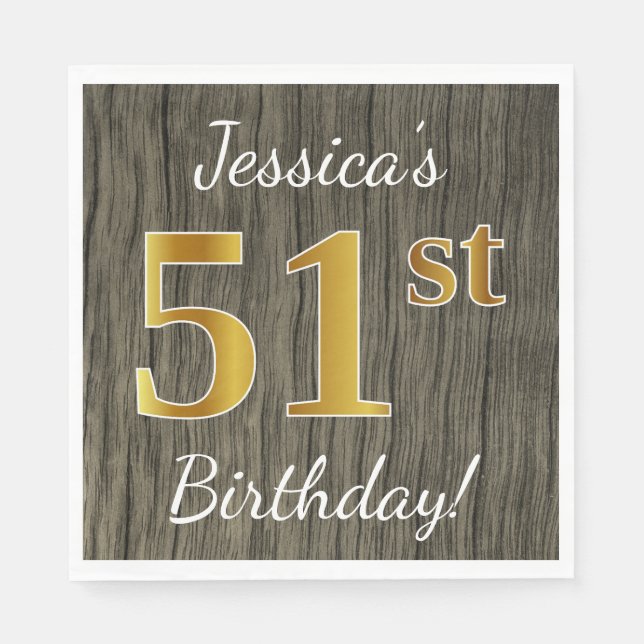 Serviette En Papier Faux Wood, Faux Gold 51e anniversaire + Nom person (Devant)