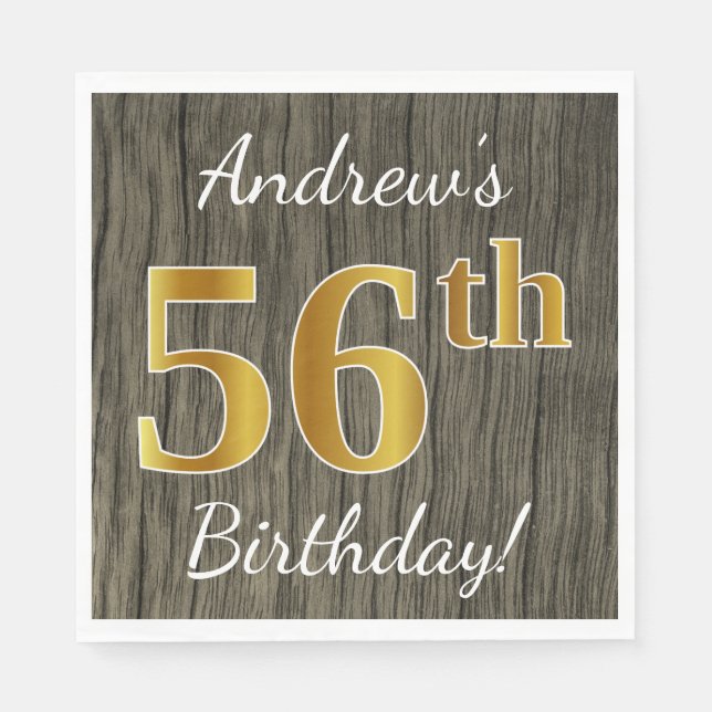 Serviette En Papier Faux Wood, Faux Gold 56e anniversaire + Nom person (Devant)