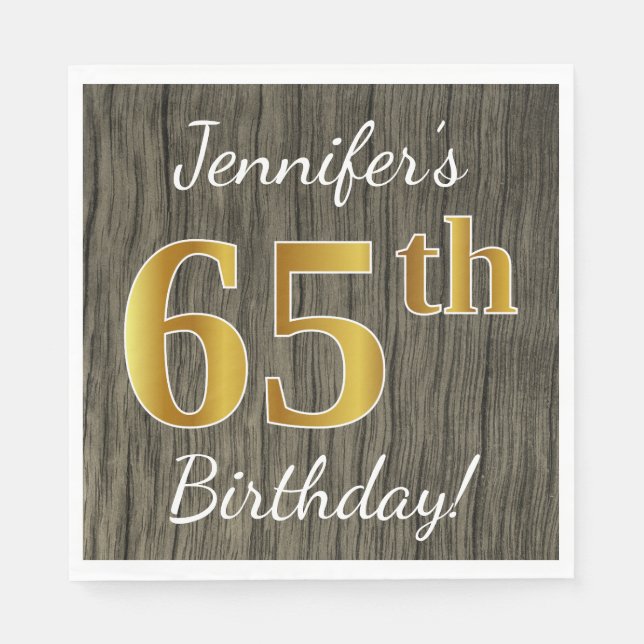 Serviette En Papier Faux Wood, Faux Gold 65e anniversaire + Nom person (Devant)