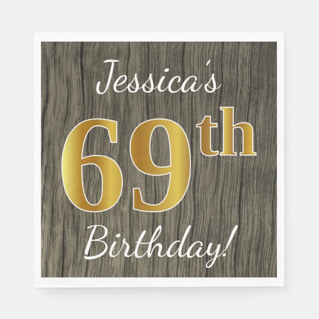 Serviette En Papier Faux Wood, Faux Gold 69e anniversaire + Nom person (Devant)
