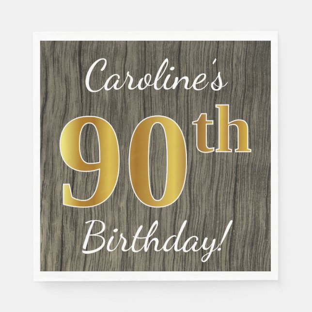 Serviette En Papier Faux Wood, Faux Gold 90e anniversaire + Nom person (Devant)