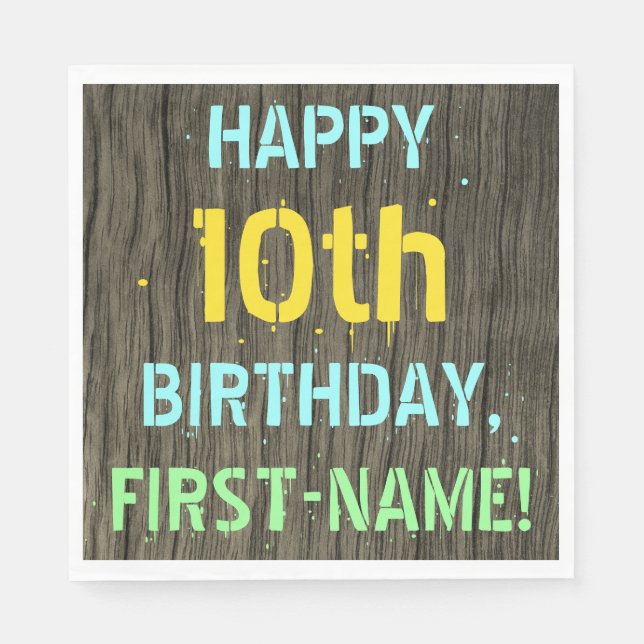 Serviette En Papier Faux Wood, Peint Texte Look, 10e anniversaire + No (Devant)
