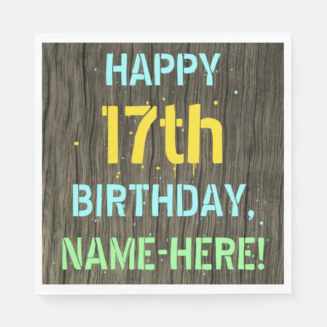 Serviette En Papier Faux Wood, Peint Texte Look, 17e anniversaire + No (Devant)