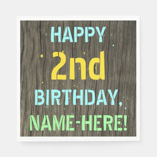 Serviette En Papier Faux Wood, Peint Texte Look, 2e anniversaire + Nom (Devant)