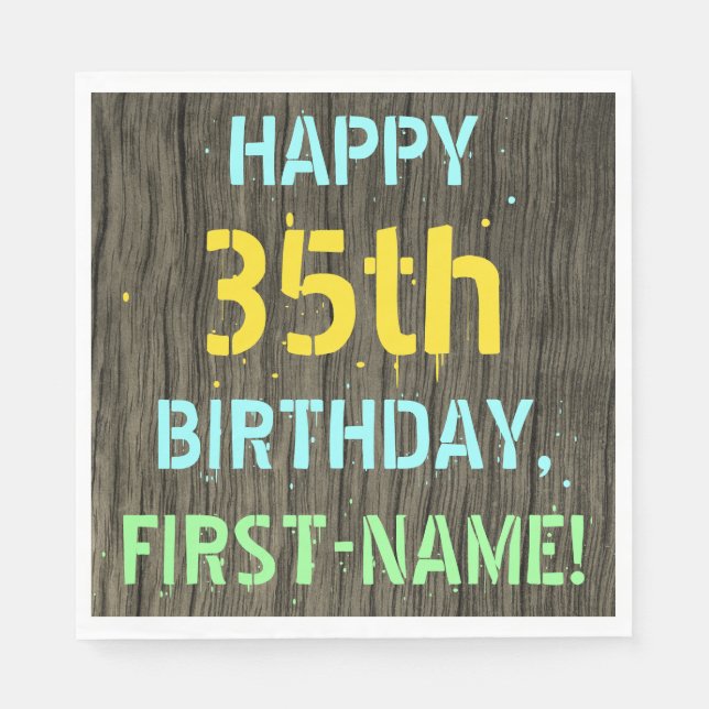 Serviette En Papier Faux Wood, Peint Texte Look, 35e anniversaire + No (Devant)