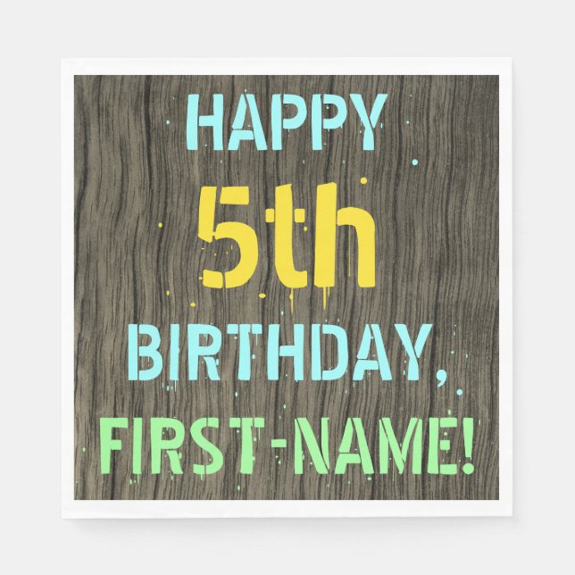 Serviette En Papier Faux Wood, Peint Texte Look, 5e anniversaire + Nom (Devant)