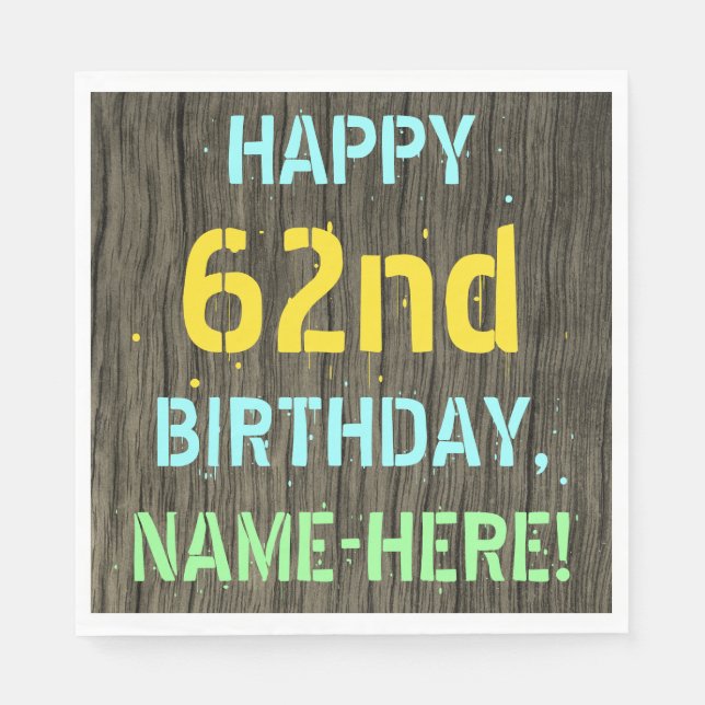 Serviette En Papier Faux Wood, Peint Texte Look, 62e anniversaire + No (Devant)