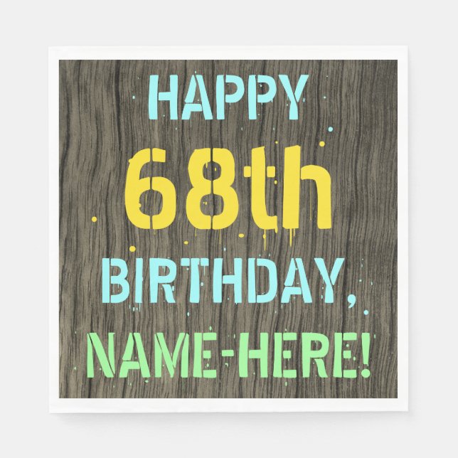 Serviette En Papier Faux Wood, Peint Texte Look, 68e anniversaire + No (Devant)
