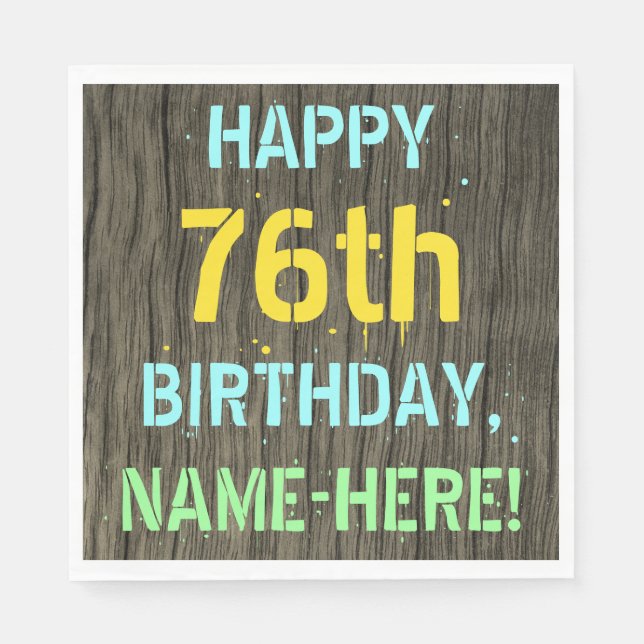 Serviette En Papier Faux Wood, Peint Texte Look, 76e anniversaire + No (Devant)