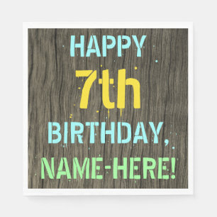 Serviette En Papier Faux Wood, Peint Texte Look, 7e anniversaire + Nom