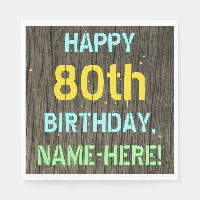 Serviette En Papier Faux Wood, Peint Texte Look, 80e anniversaire + No (Devant)