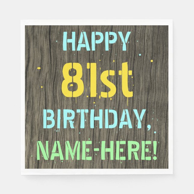 Serviette En Papier Faux Wood, Peint Texte Look, 81e anniversaire + No (Devant)