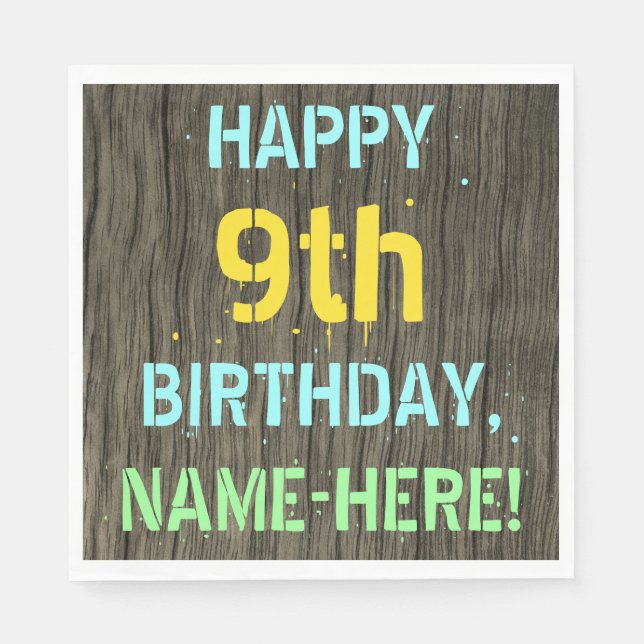 Serviette En Papier Faux Wood, Peint Texte Look, 9e anniversaire + nom (Devant)
