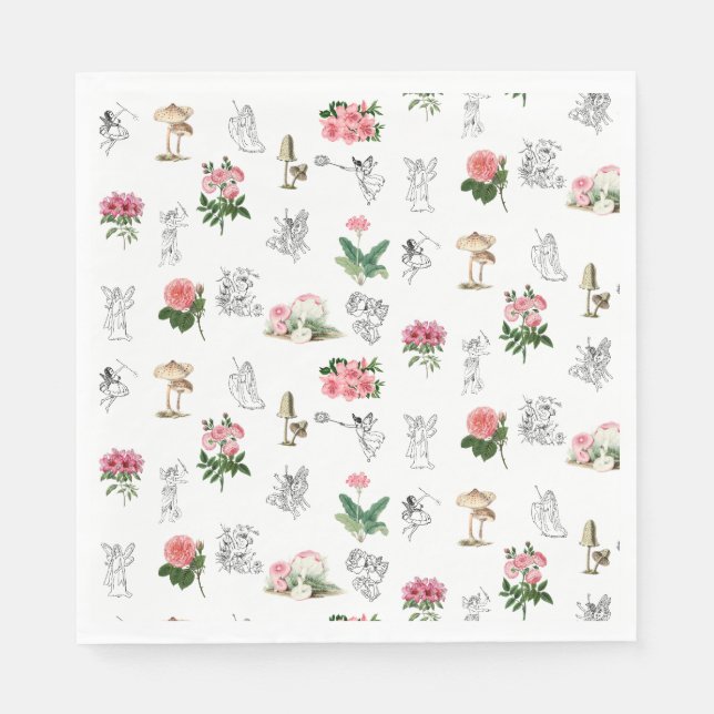 Serviette En Papier Fées Rose Floral & Champignons Motif de fées (Devant)