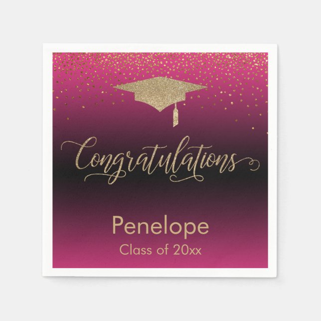 Serviette En Papier Félicitations Gold Confetti Graduation Hot Pink (Devant)